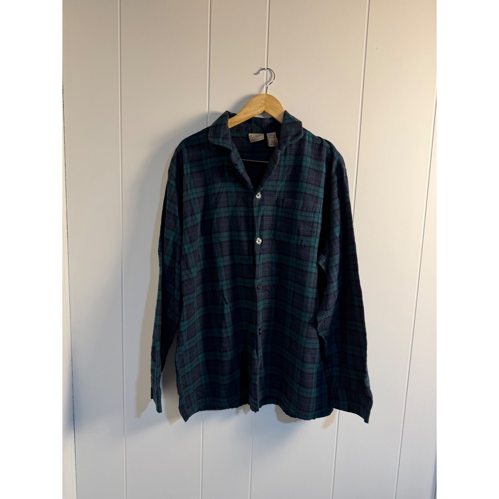 L.L. Bean Flannel L Tall Green Navy Plaid Cotton Button Up Shirt